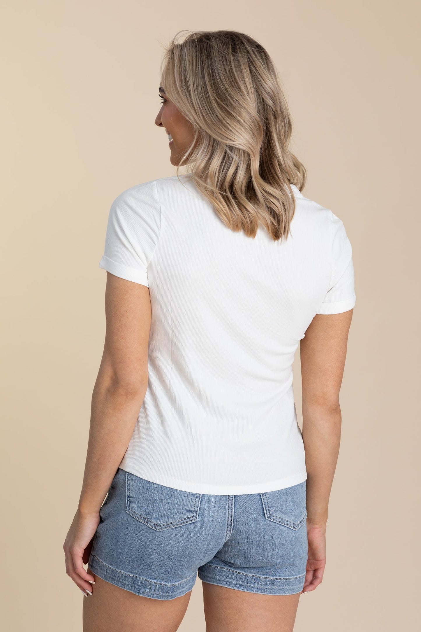 Ribbed Short Sleeve Snap Button Knit Top