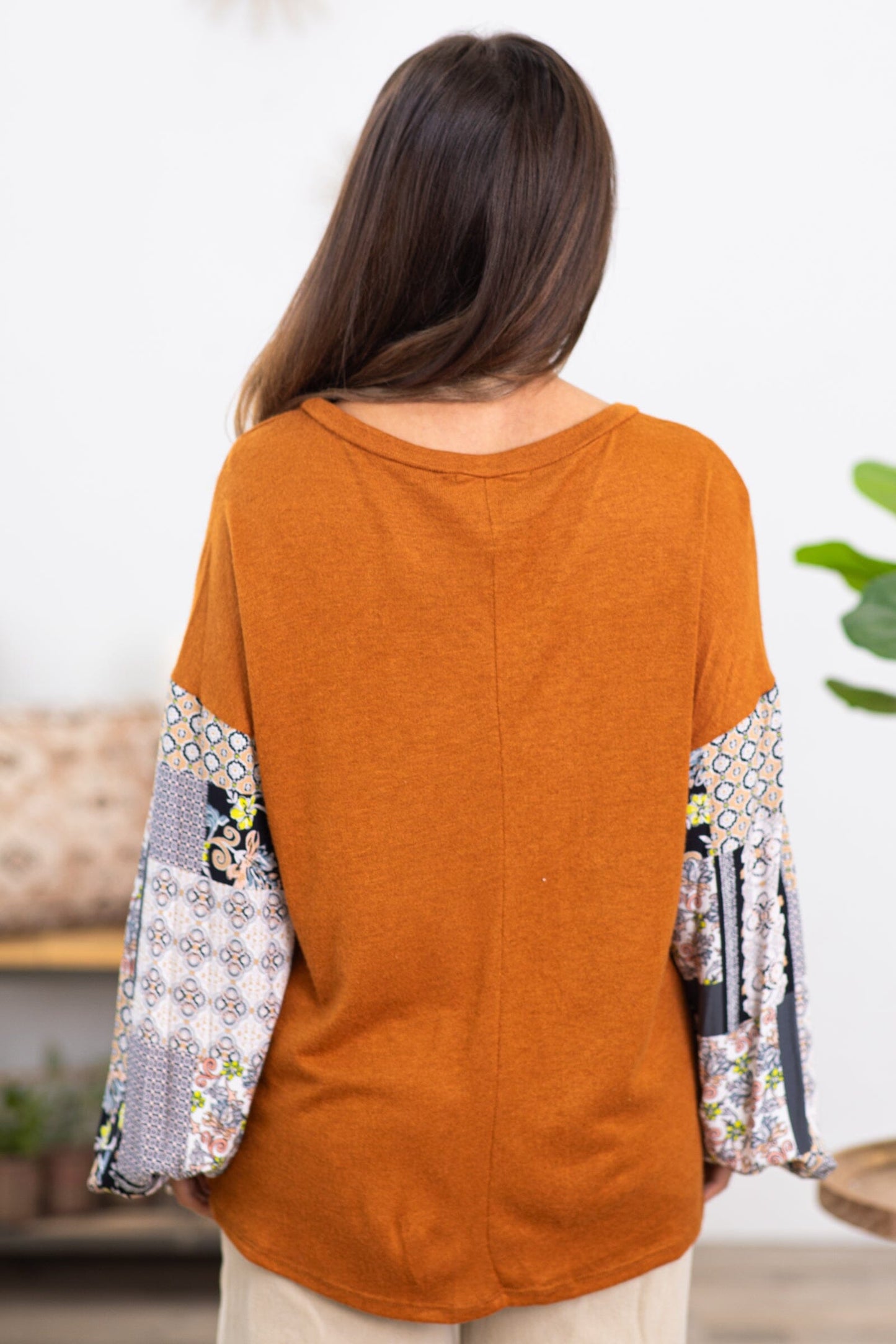 Burnt Orange Top With Paisley Print Sleeves
