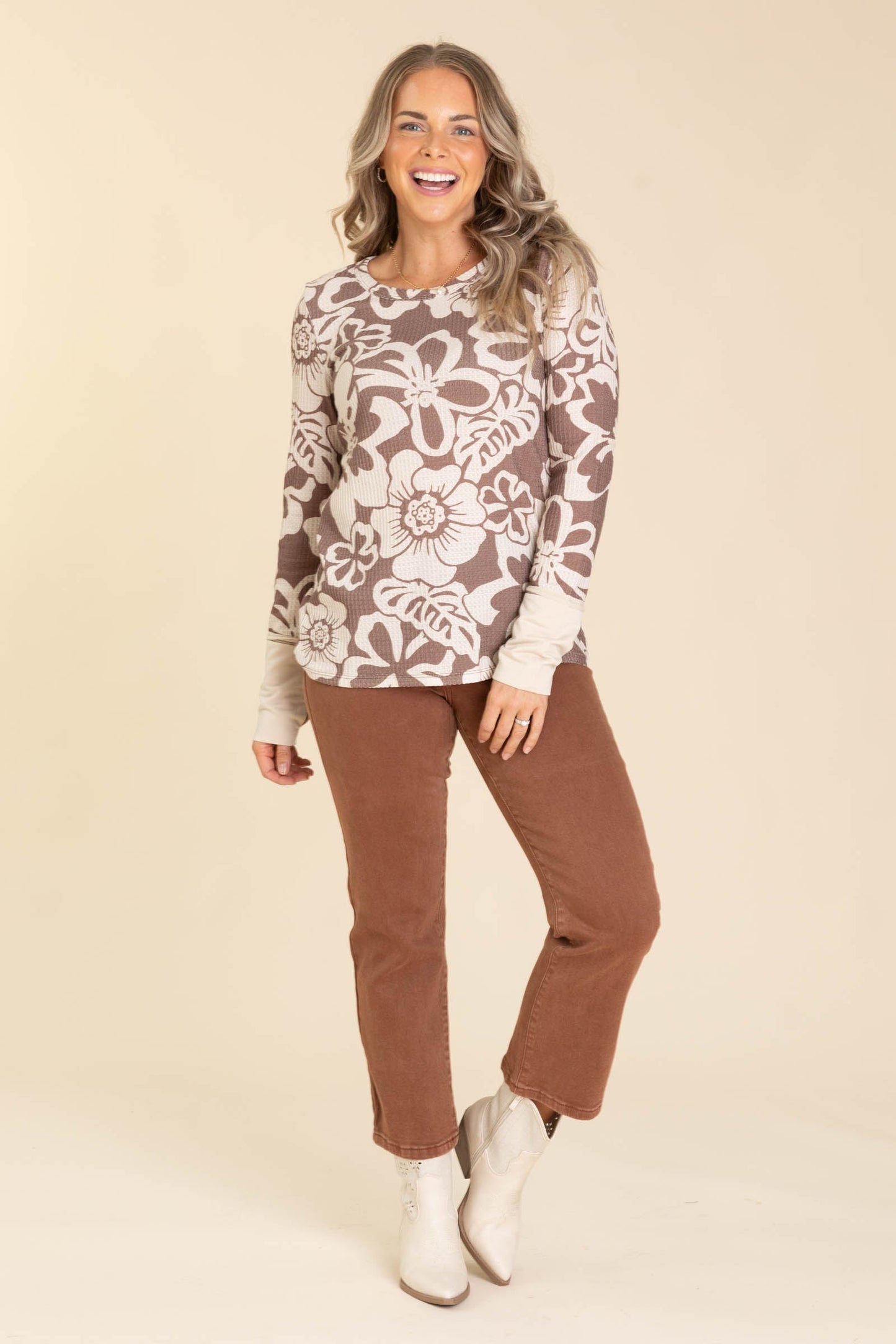 Mocha Floral Print Waffle Knit With Thumbholes