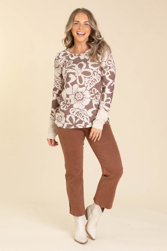 Mocha Floral Print Waffle Knit With Thumbholes