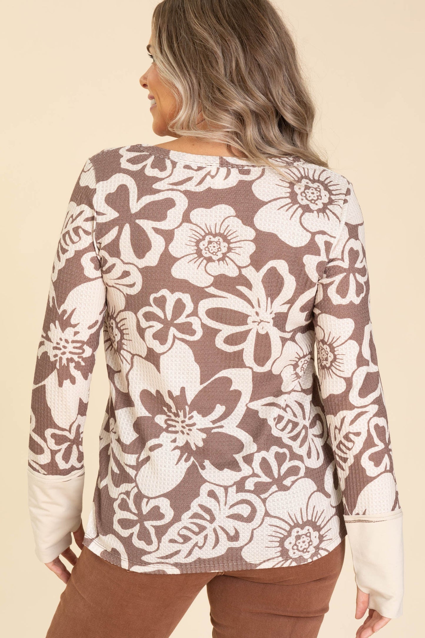 Mocha Floral Print Waffle Knit With Thumbholes