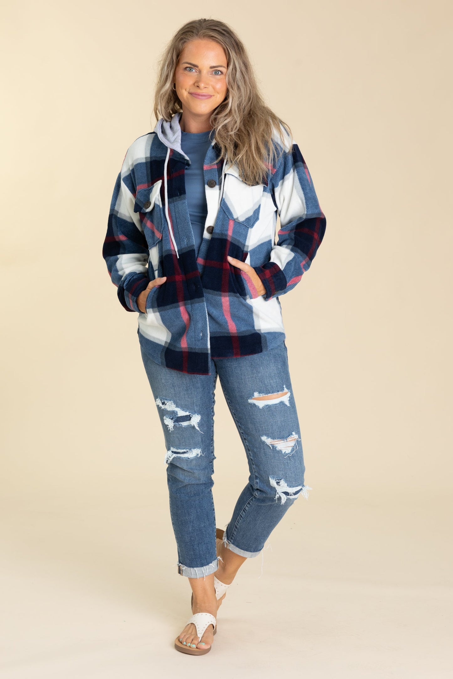 Plaid Fleece Shackets With Hood