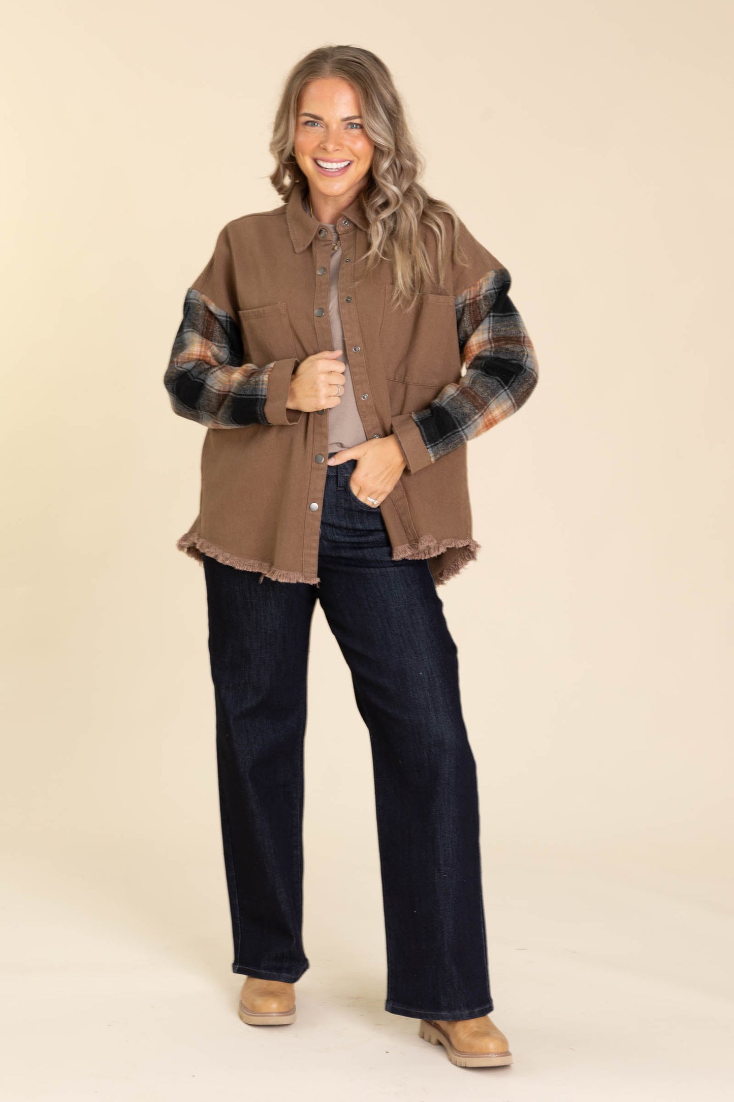 Mocha Jacket With Plaid Sleeve And Frayed Hem