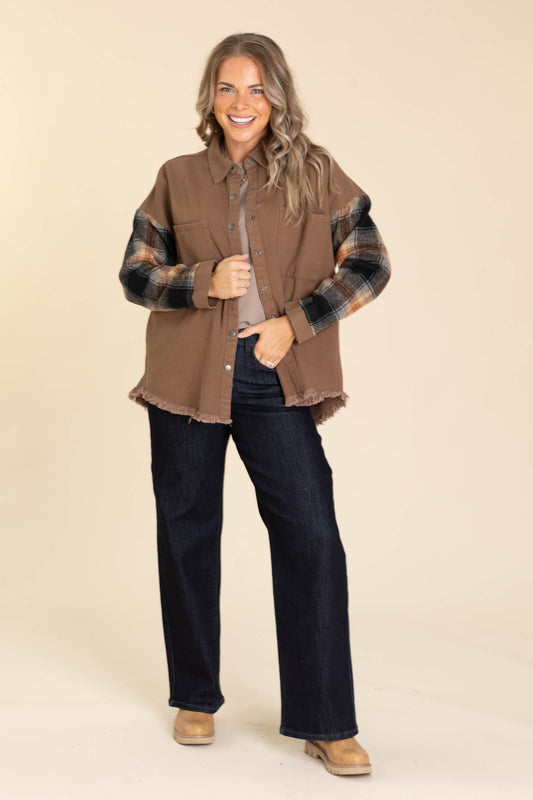 Mocha Jacket With Plaid Sleeve And Frayed Hem