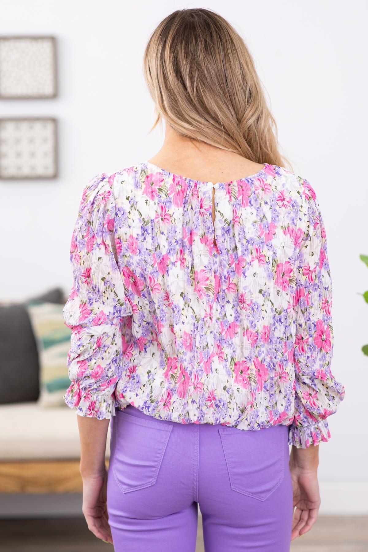 Hot Pink and Lavender Pleated Floral Print Top