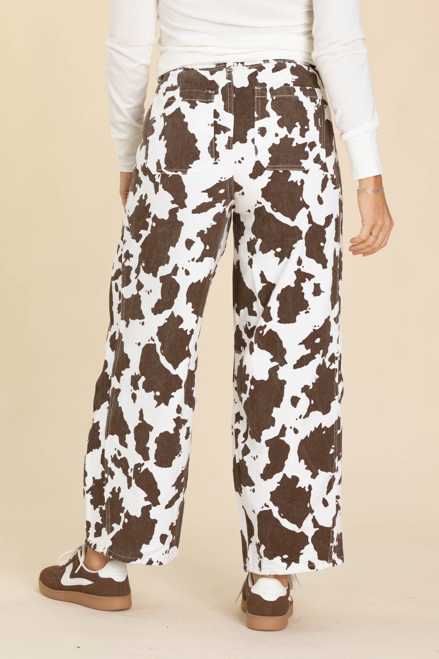 Brown And White Cow Print Barrel Pants