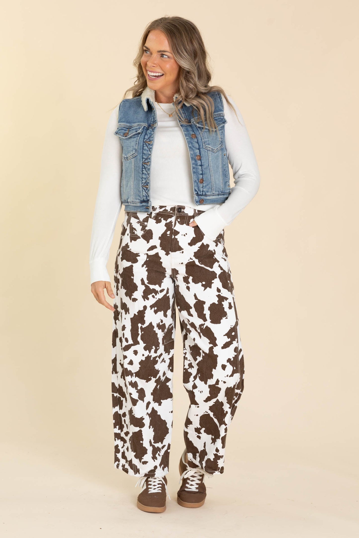 Brown And White Cow Print Barrel Pants