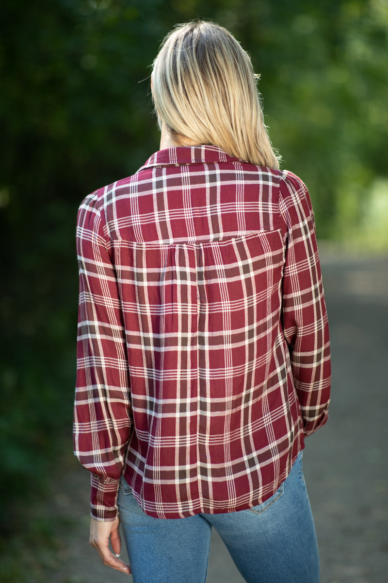Burgundy and Beige Plaid Button Up Top