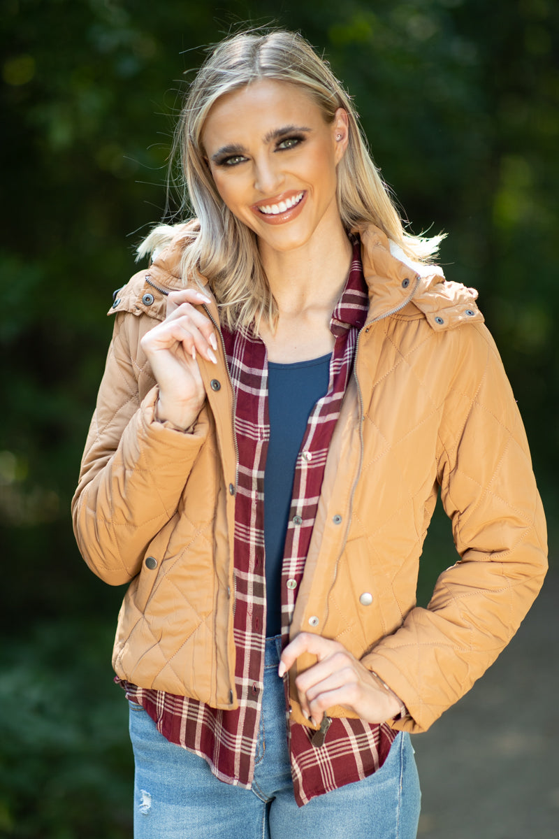 Burgundy and Beige Plaid Button Up Top