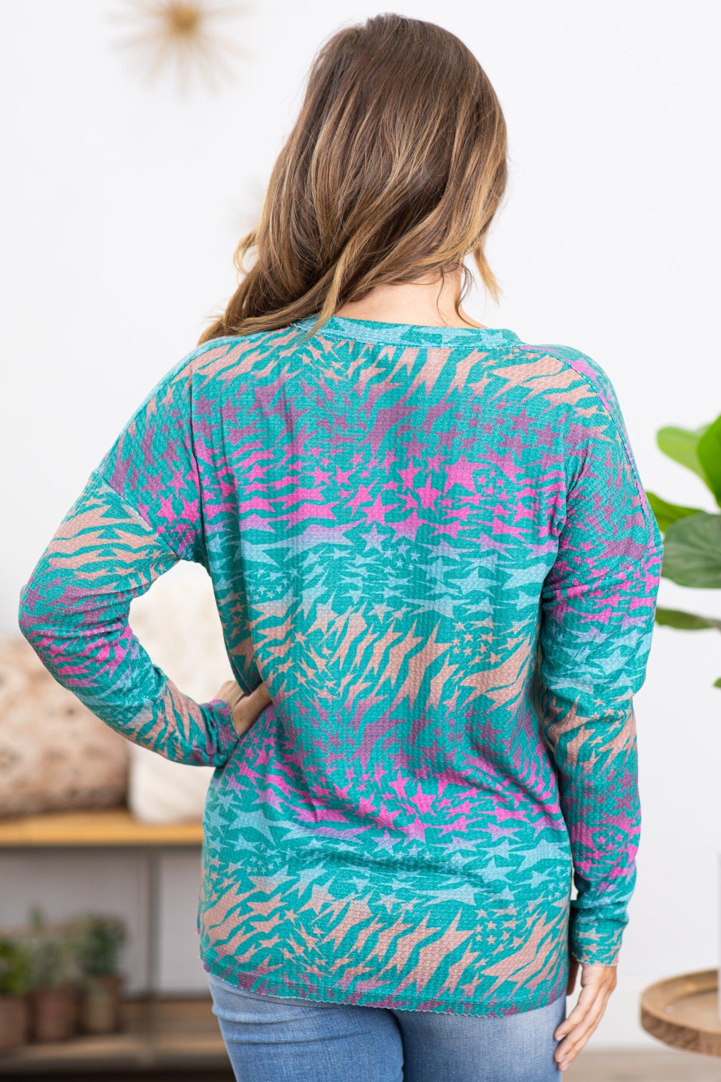 Turquoise Star Print Waffle Knit Top