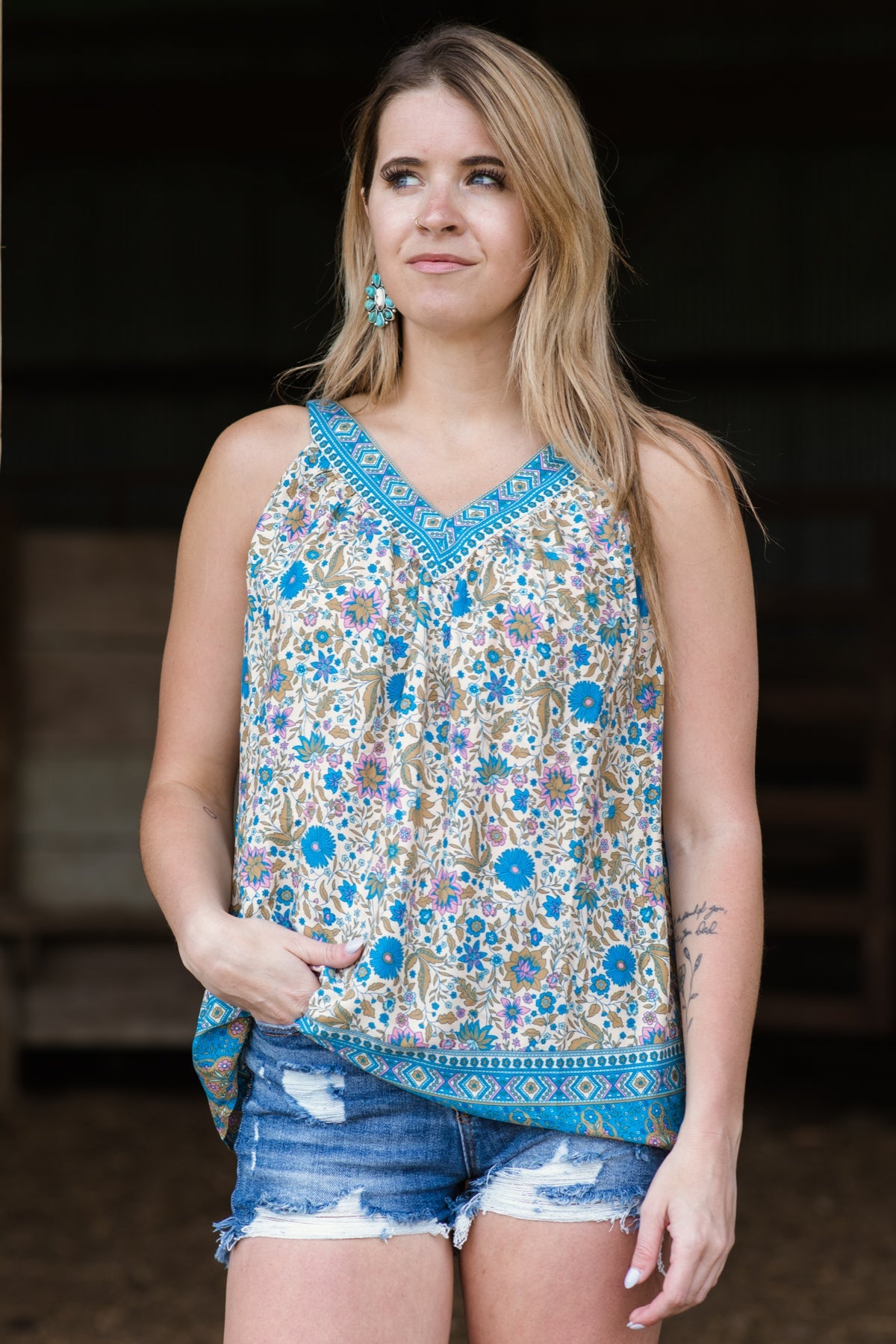 Sky Blue Floral Print Pleat Detail