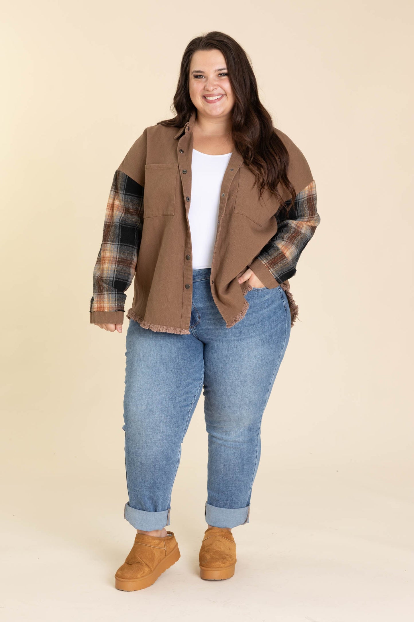 Mocha Jacket With Plaid Sleeve And Frayed Hem