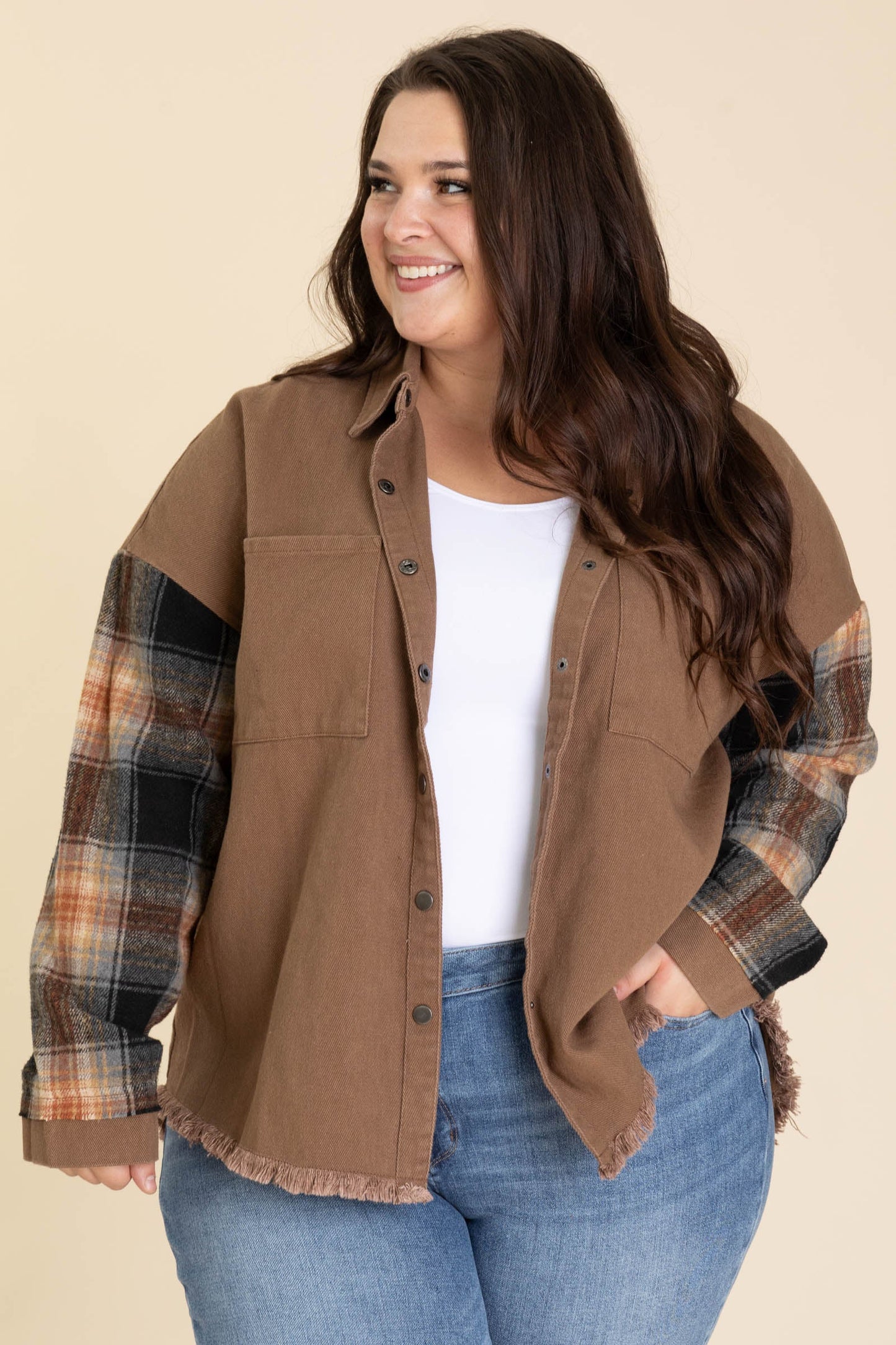 Mocha Jacket With Plaid Sleeve And Frayed Hem