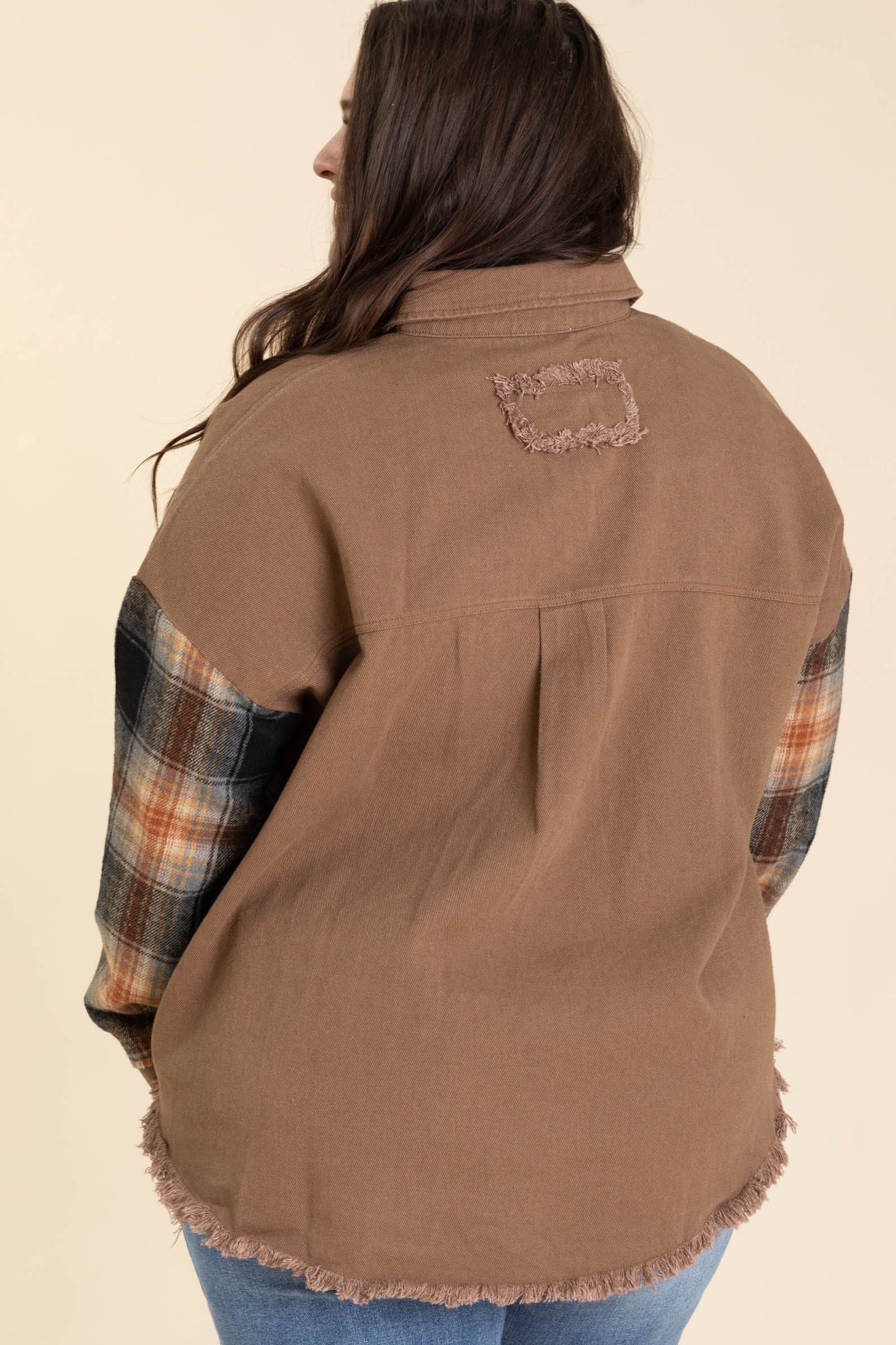 Mocha Jacket With Plaid Sleeve And Frayed Hem
