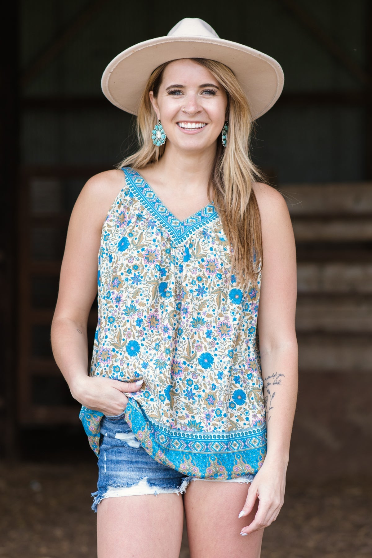 Sky Blue Floral Print Pleat Detail