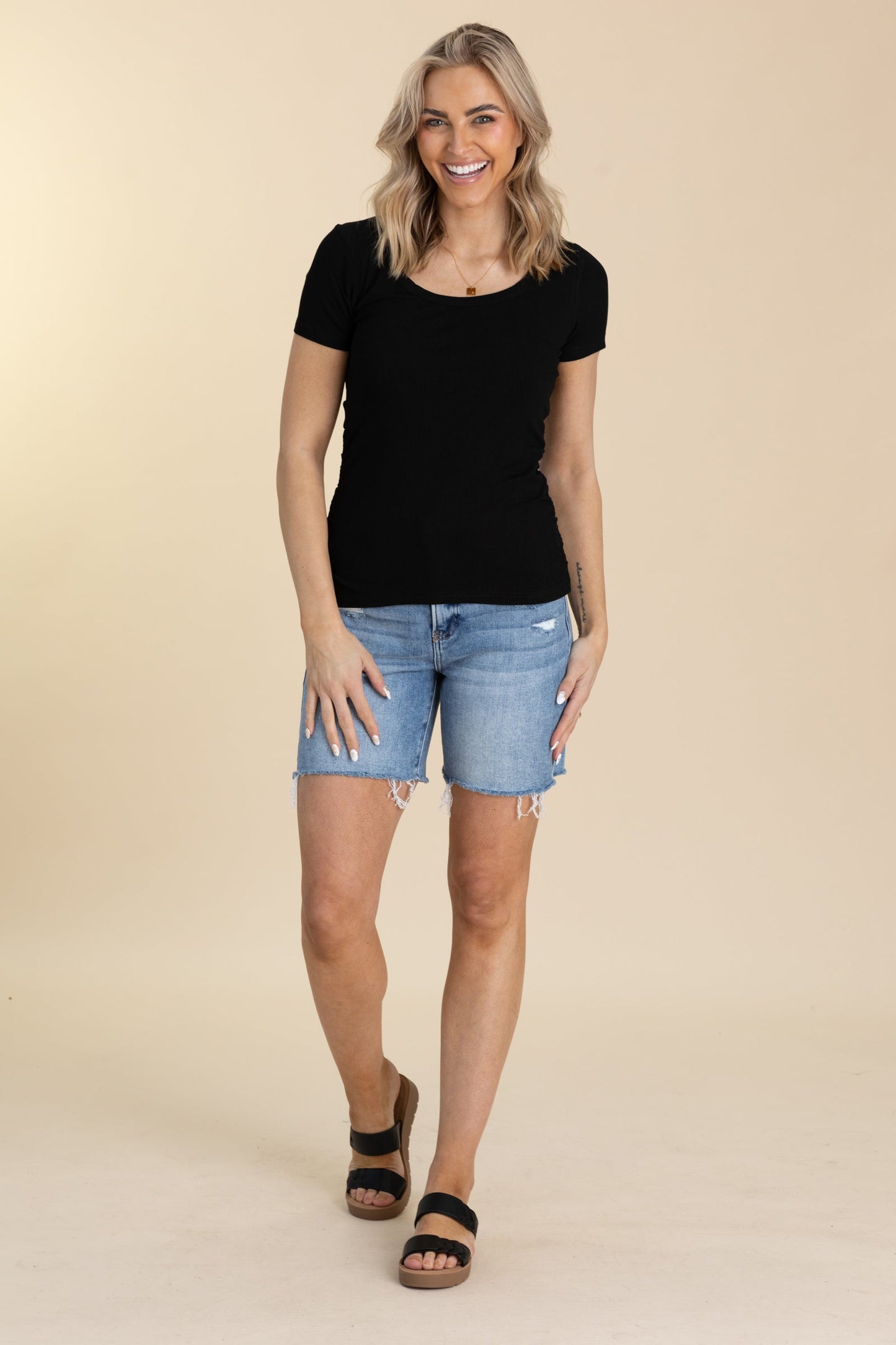 Solid Rib Scoop Neck Knit Top With Cinch