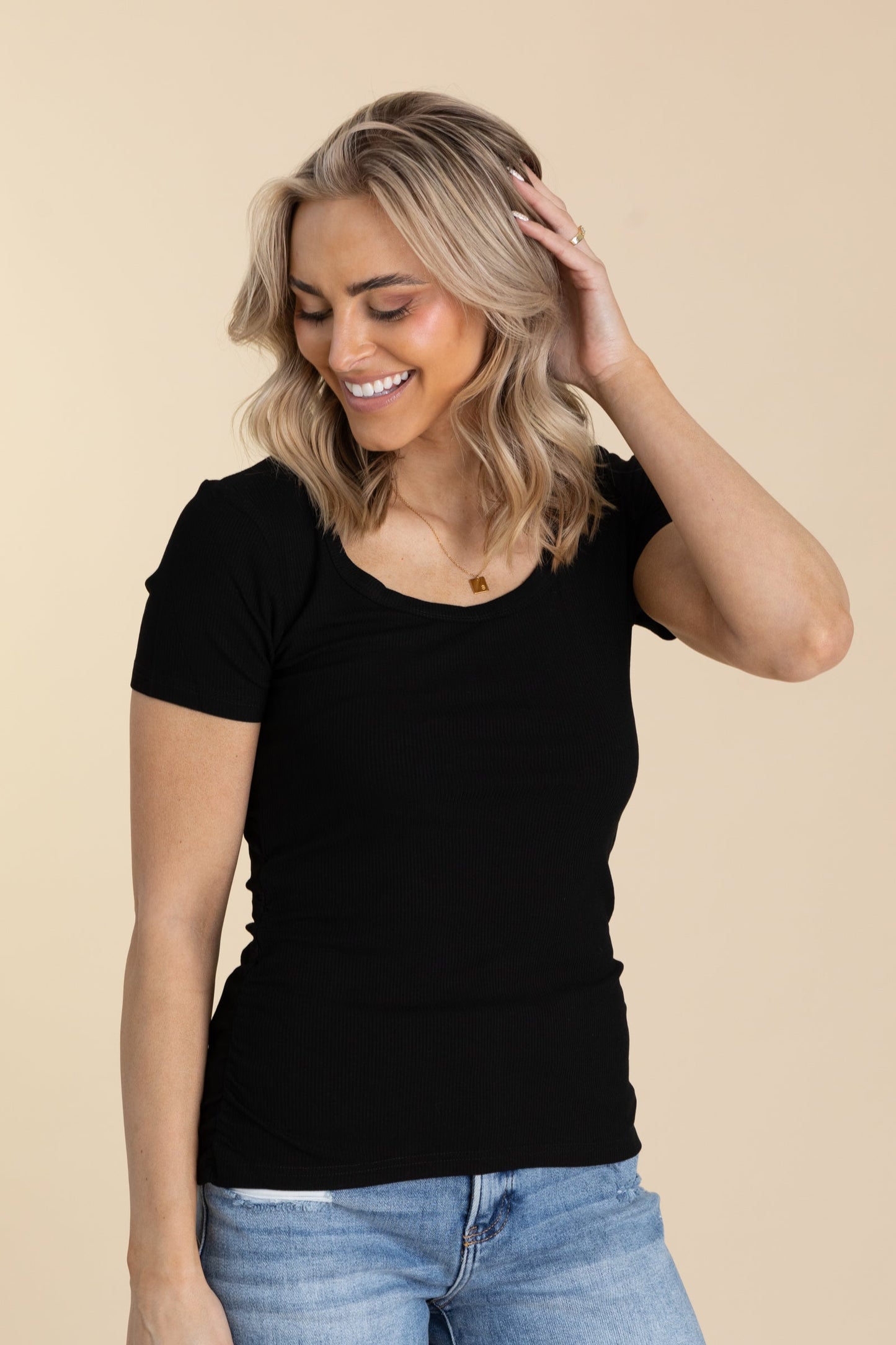 Solid Rib Scoop Neck Knit Top With Cinch