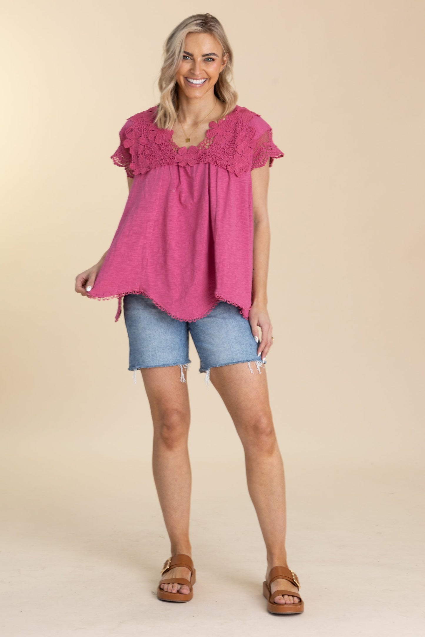 Berry Lace Short Sleeve Cotton Slub Knit Top