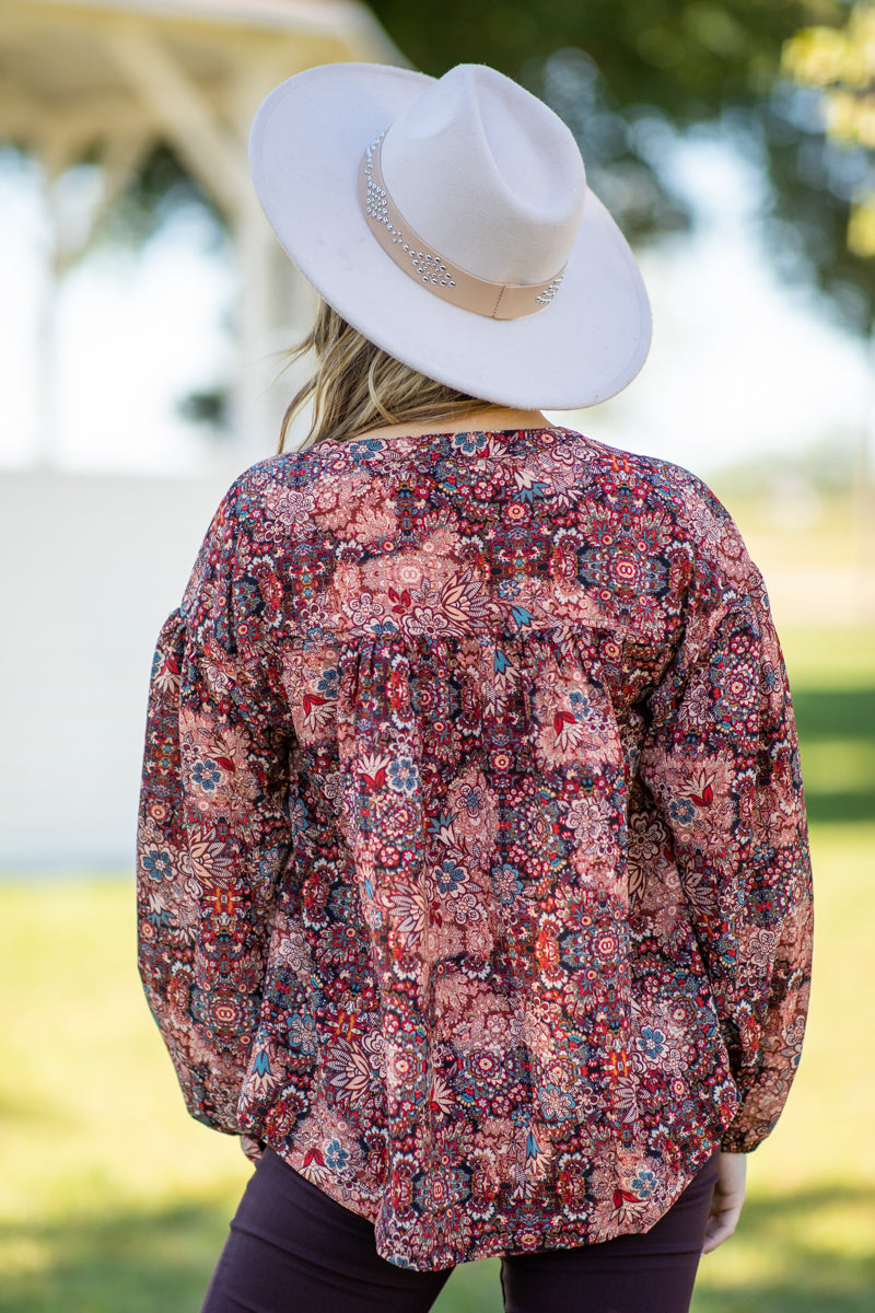 Red and Rust Multicolor Paisley Print Top