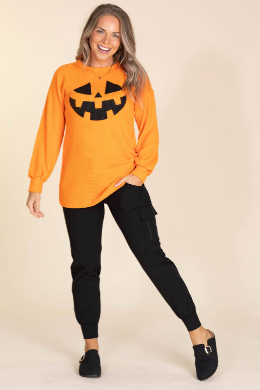 Orange Ribbed Halloween Long Sleeve Knit Top