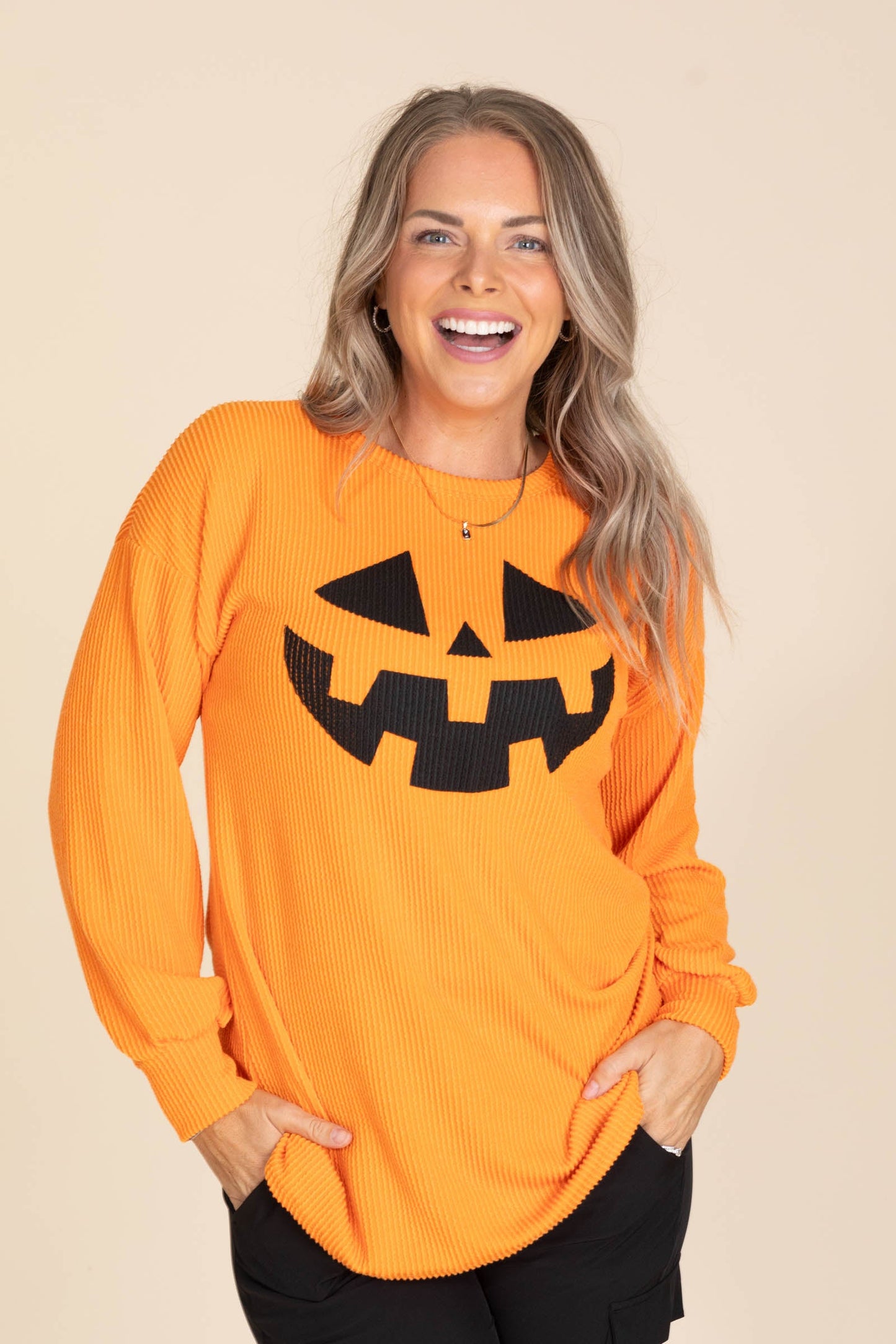 Orange Ribbed Halloween Long Sleeve Knit Top