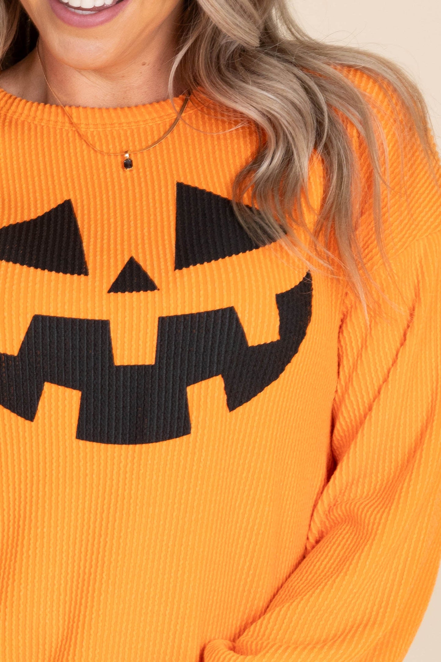 Orange Ribbed Halloween Long Sleeve Knit Top