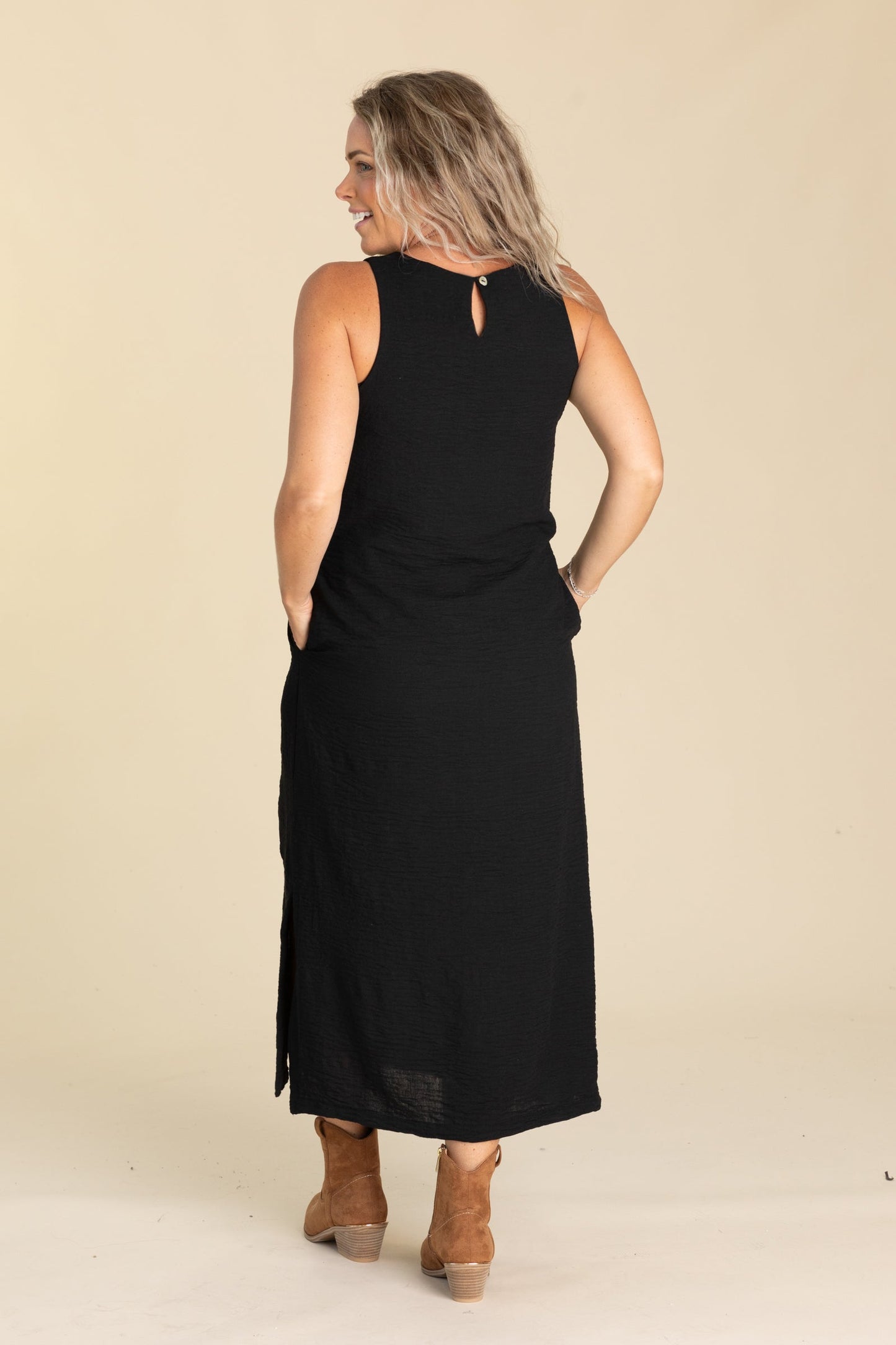 Black Halter Tank Midi Dress With Pockets