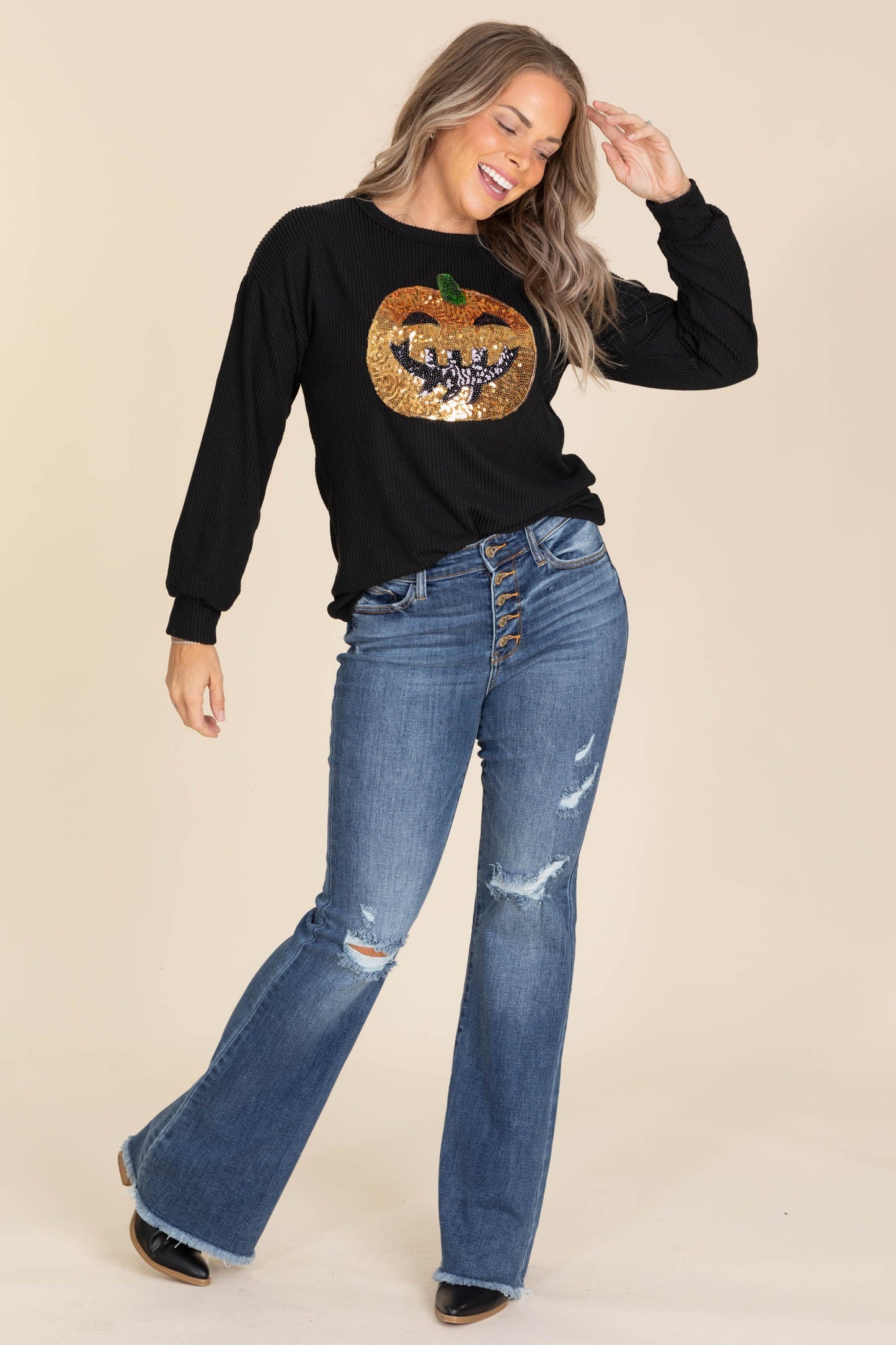 Black Ribbed Pumpkin Sequin Knit Top