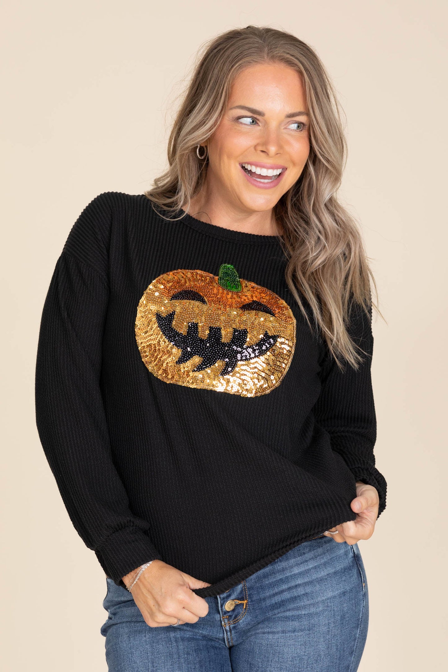 Black Ribbed Pumpkin Sequin Knit Top