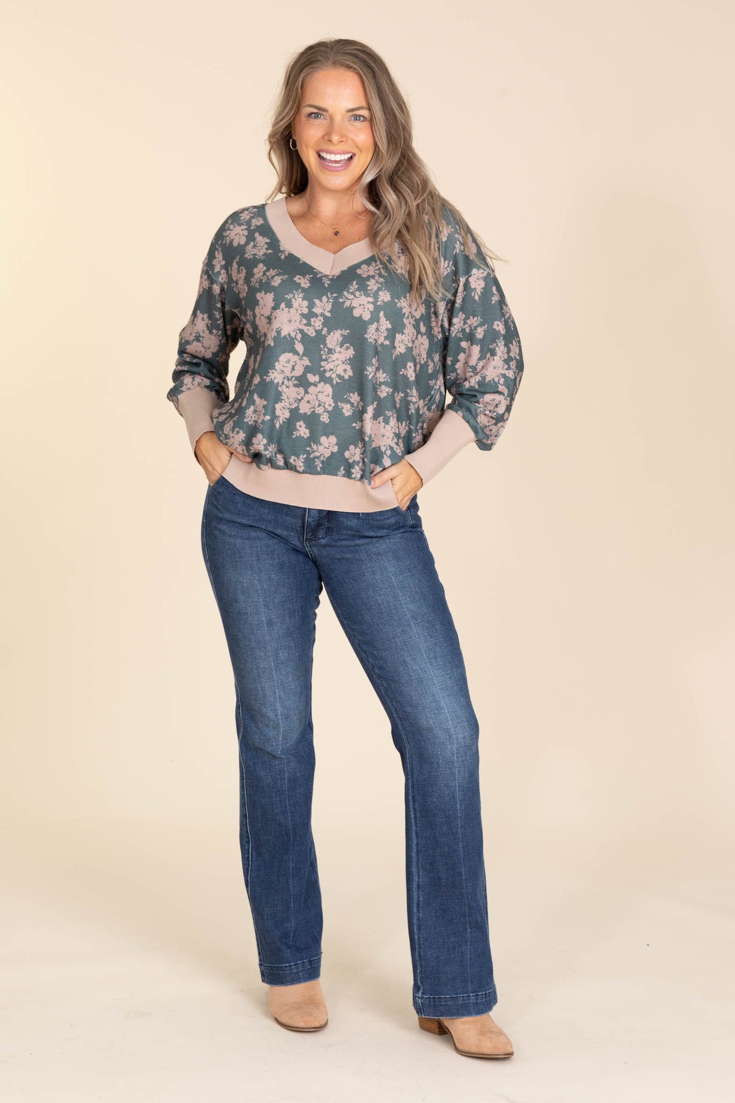 Deep Sage Relaxed Floral Jacquard Knit Top