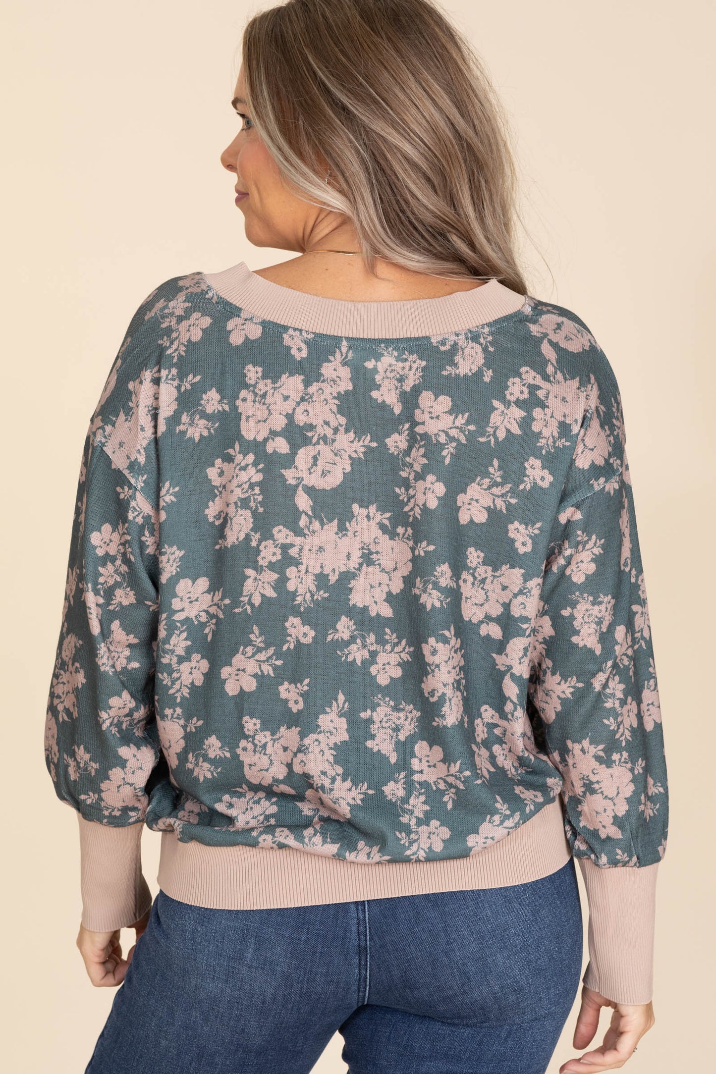 Deep Sage Relaxed Floral Jacquard Knit Top