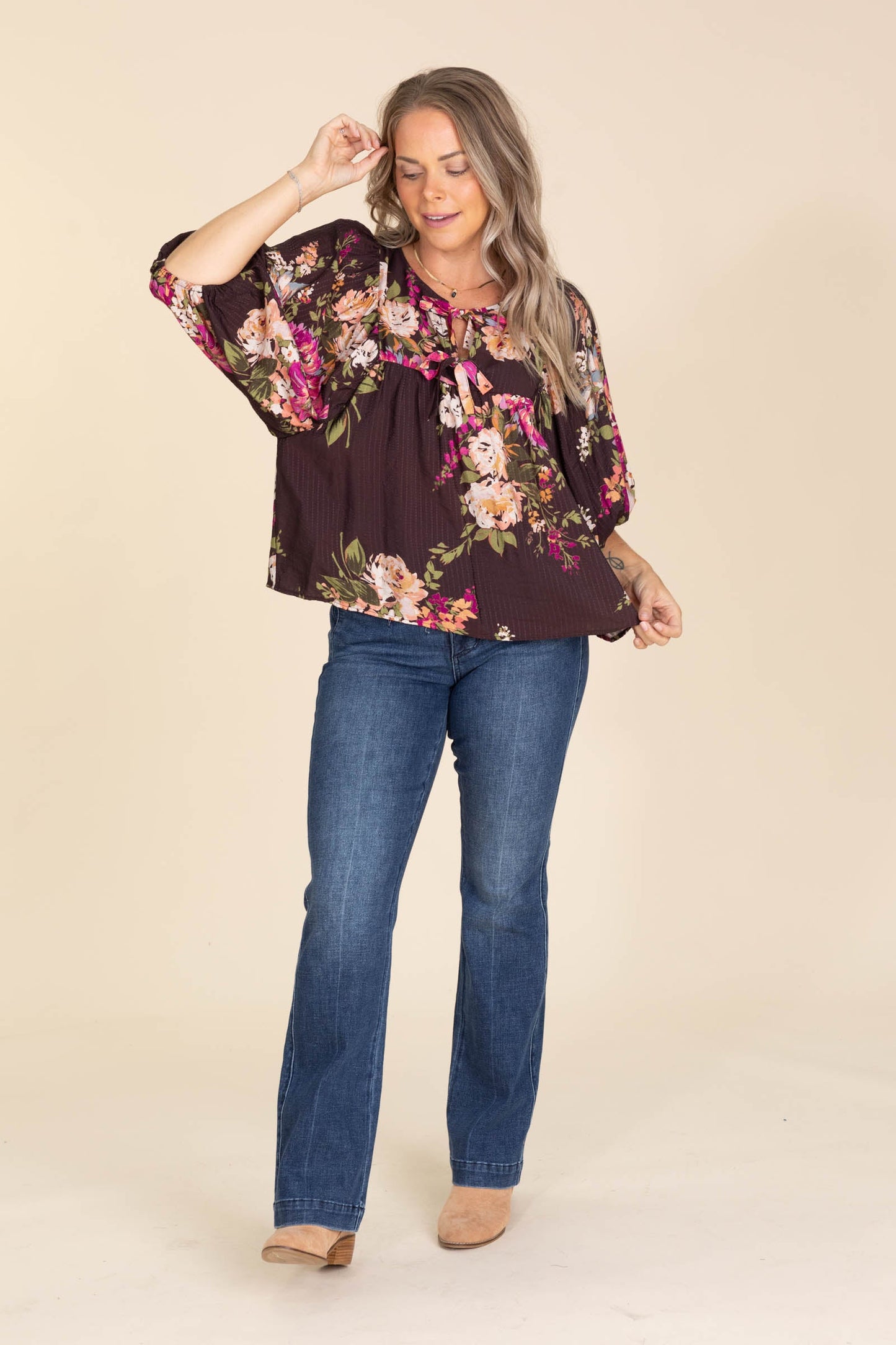 Brown Floral Printed Batwing Sleeve Woven Top