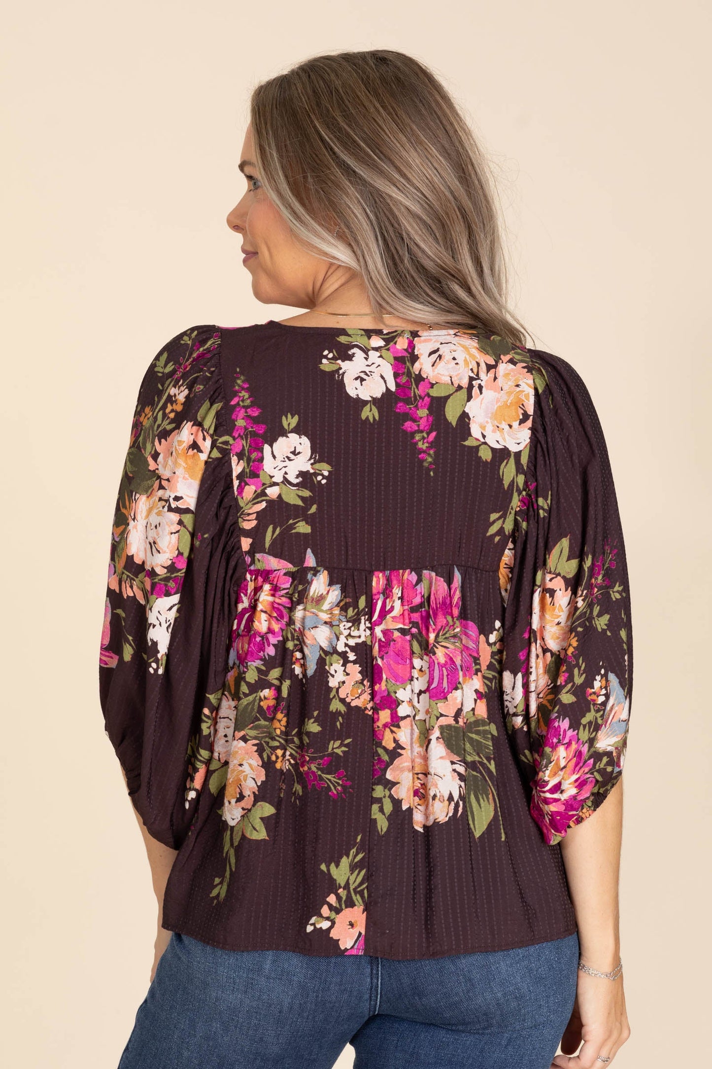 Brown Floral Printed Batwing Sleeve Woven Top