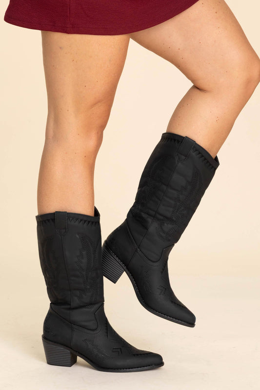 Black Heel Aztec Detail Pointed Cowgirl Boots