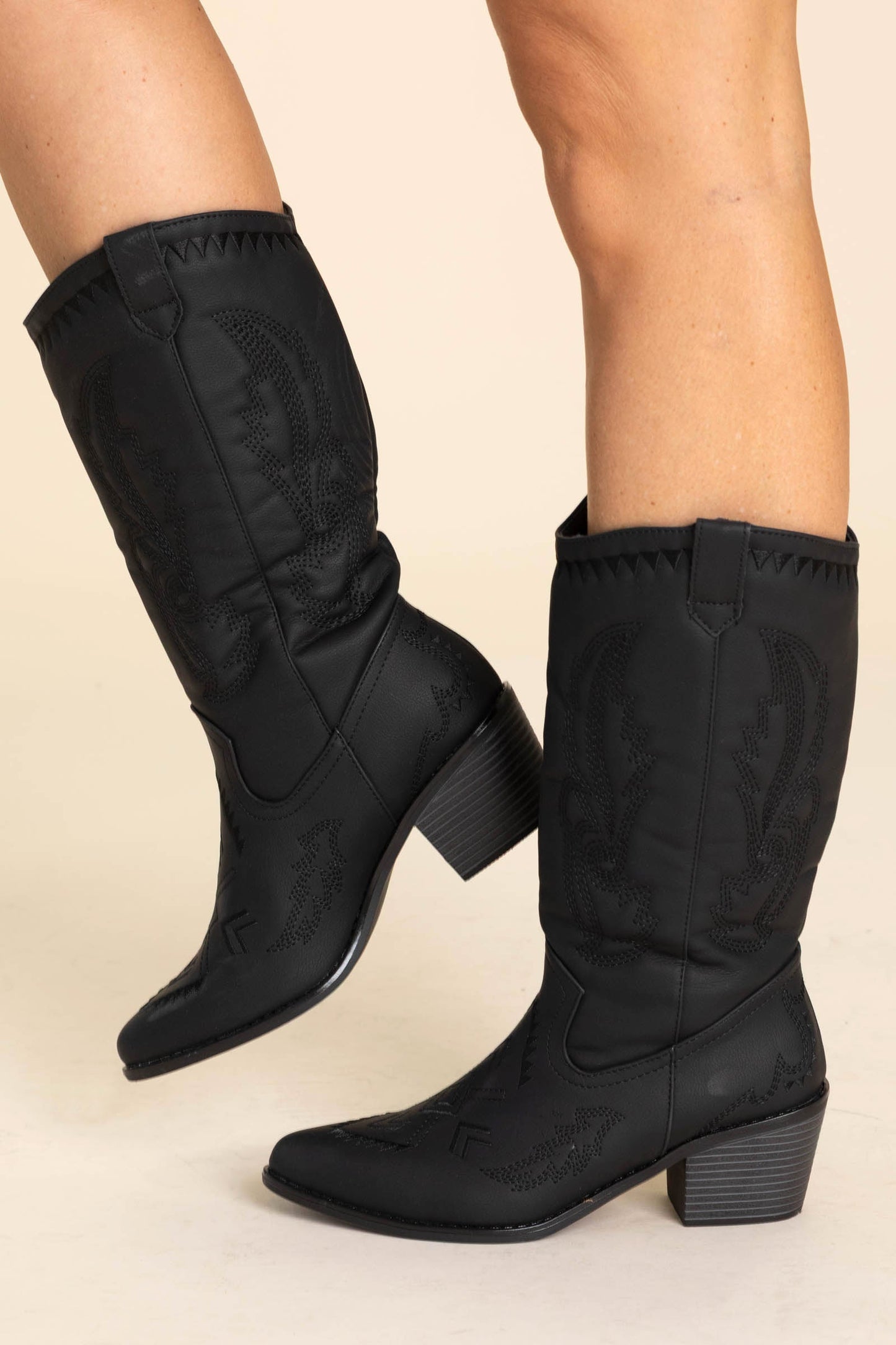 Black Heel Aztec Detail Pointed Cowgirl Boots