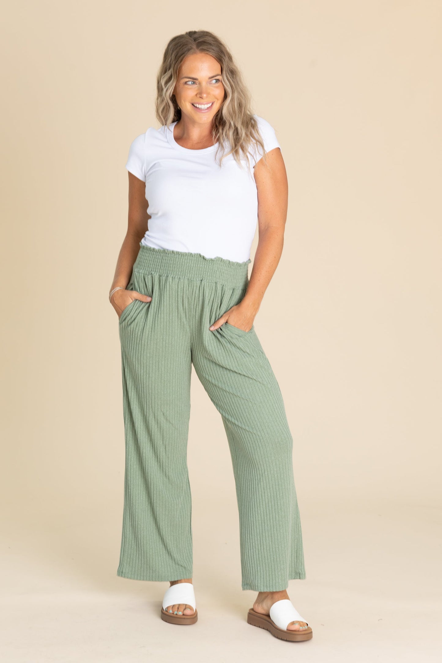 Smocked Waistband Ribbed Wide Leg Pants