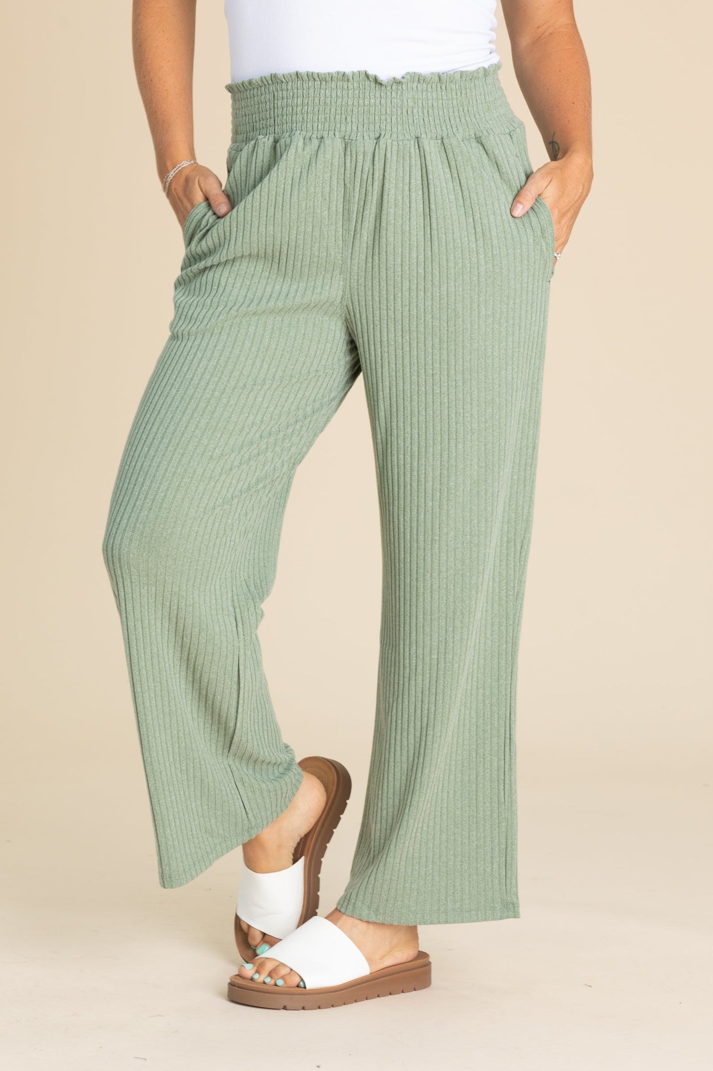 Smocked Waistband Ribbed Wide Leg Pants