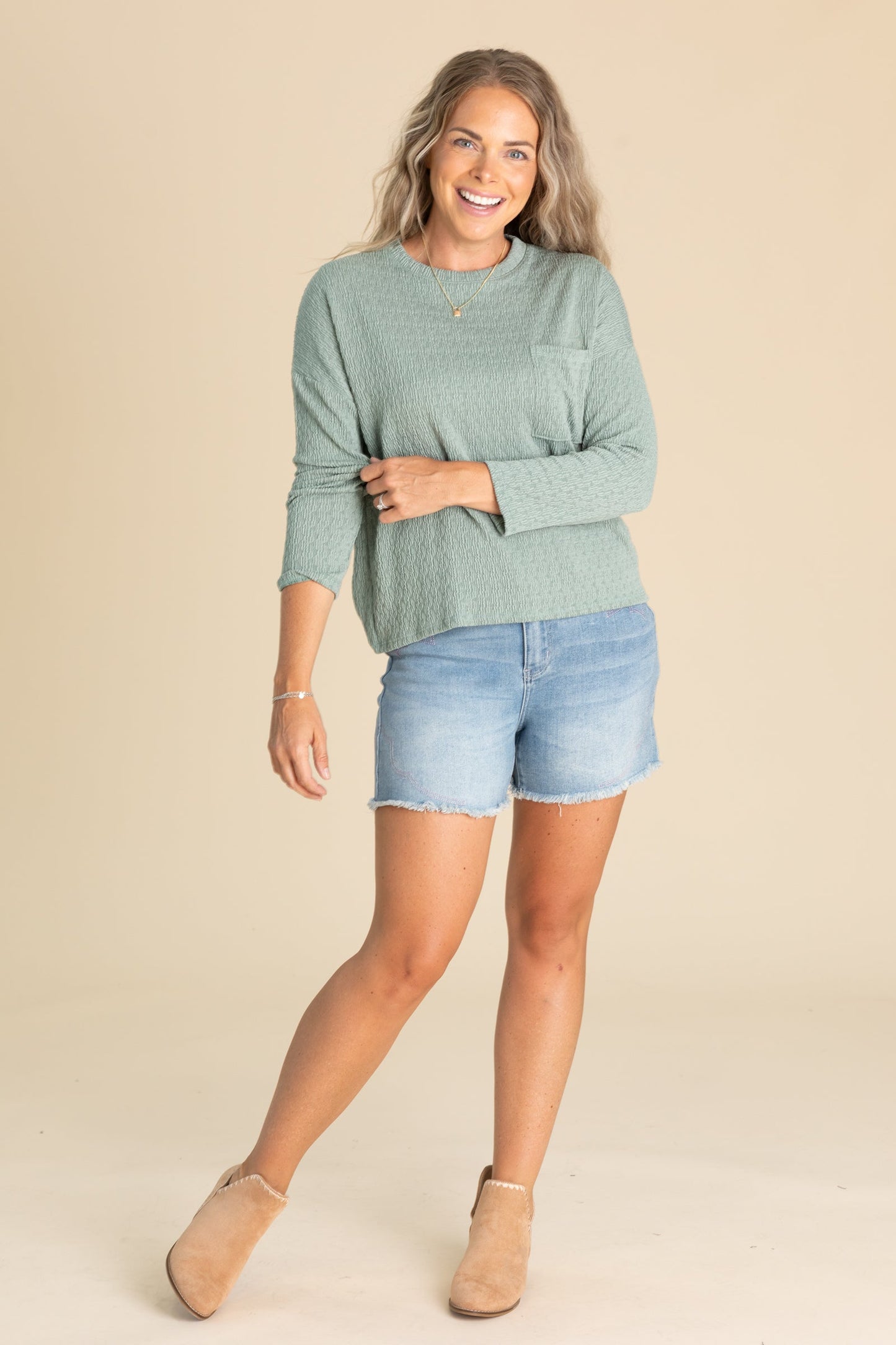 Drop Shoulder Ripple Jacquard Knit Tops