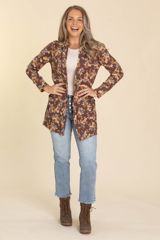 Red Brown Thermal Floral Print Open Cardigan