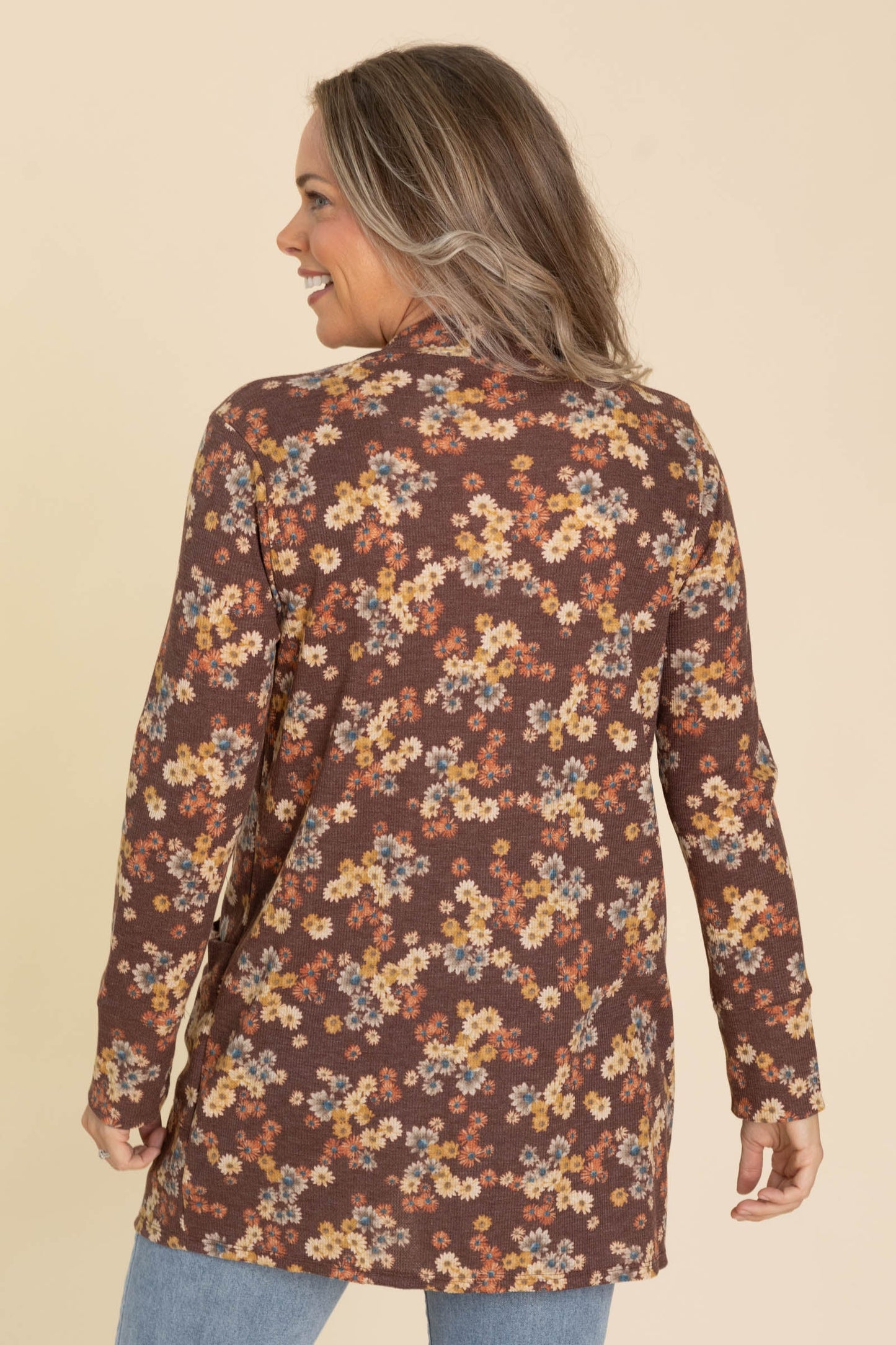 Red Brown Thermal Floral Print Open Cardigan