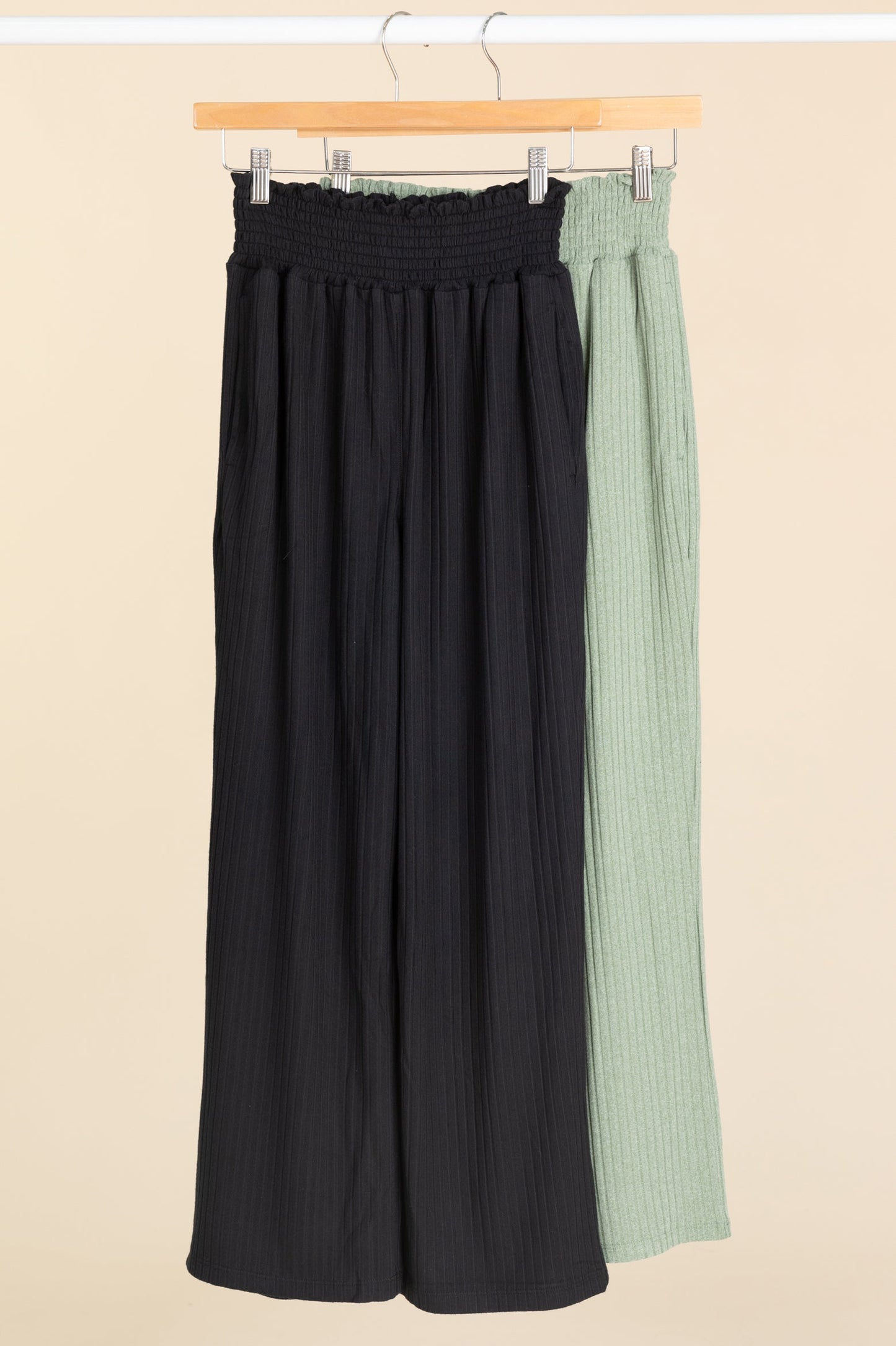 Smocked Waistband Ribbed Wide Leg Pants