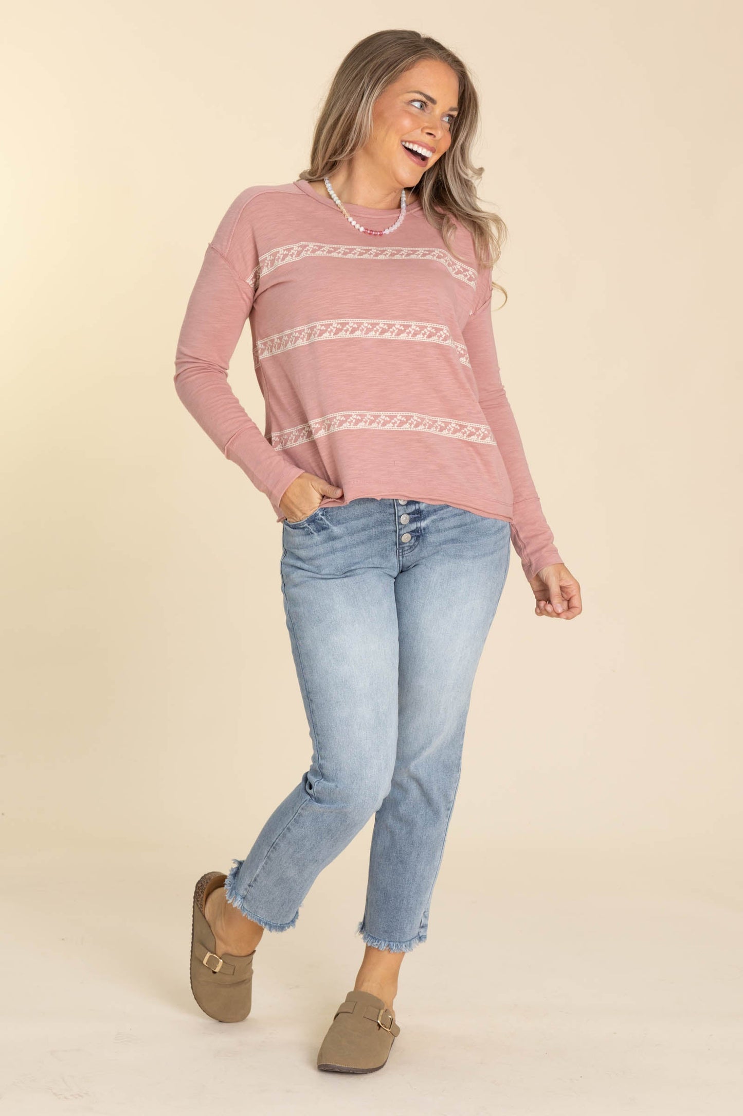 Blush Floral Embroidery Striped Knit Top