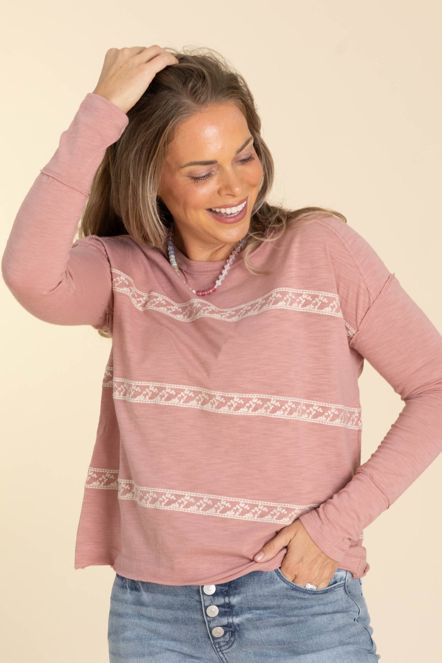 Blush Floral Embroidery Striped Knit Top