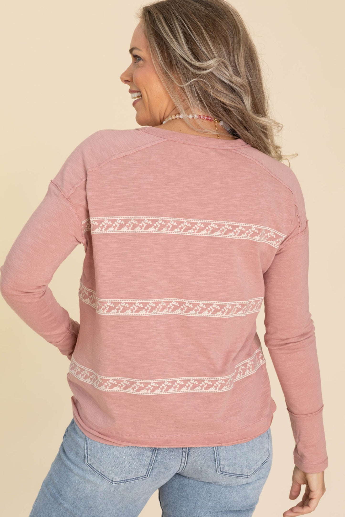 Blush Floral Embroidery Striped Knit Top