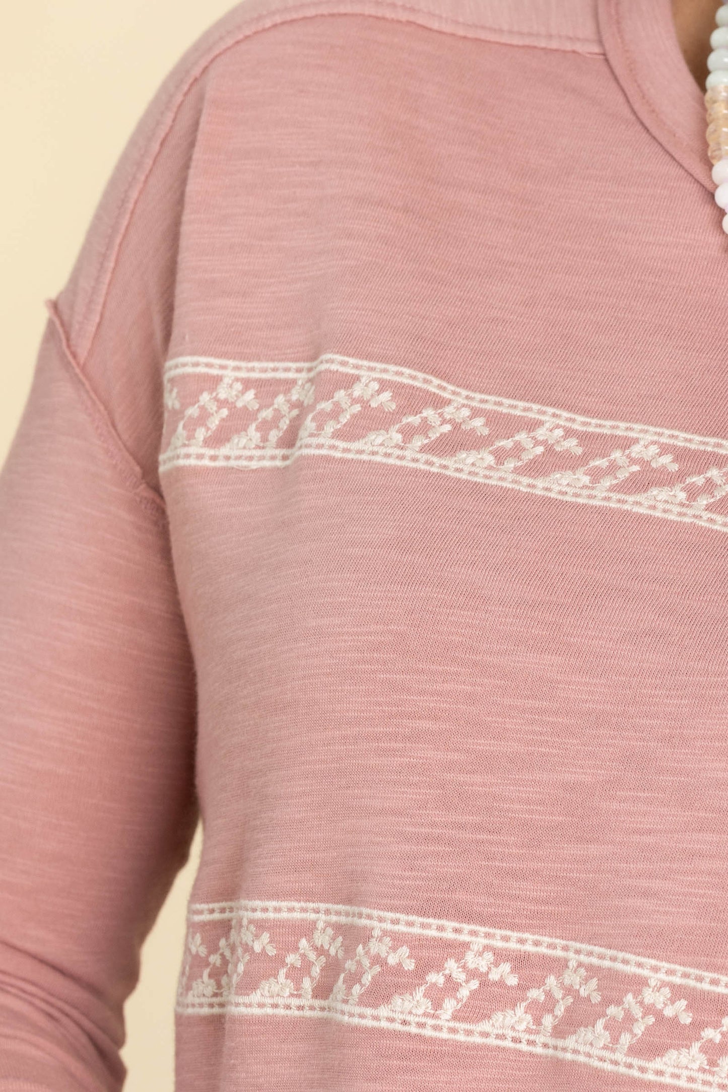 Blush Floral Embroidery Striped Knit Top