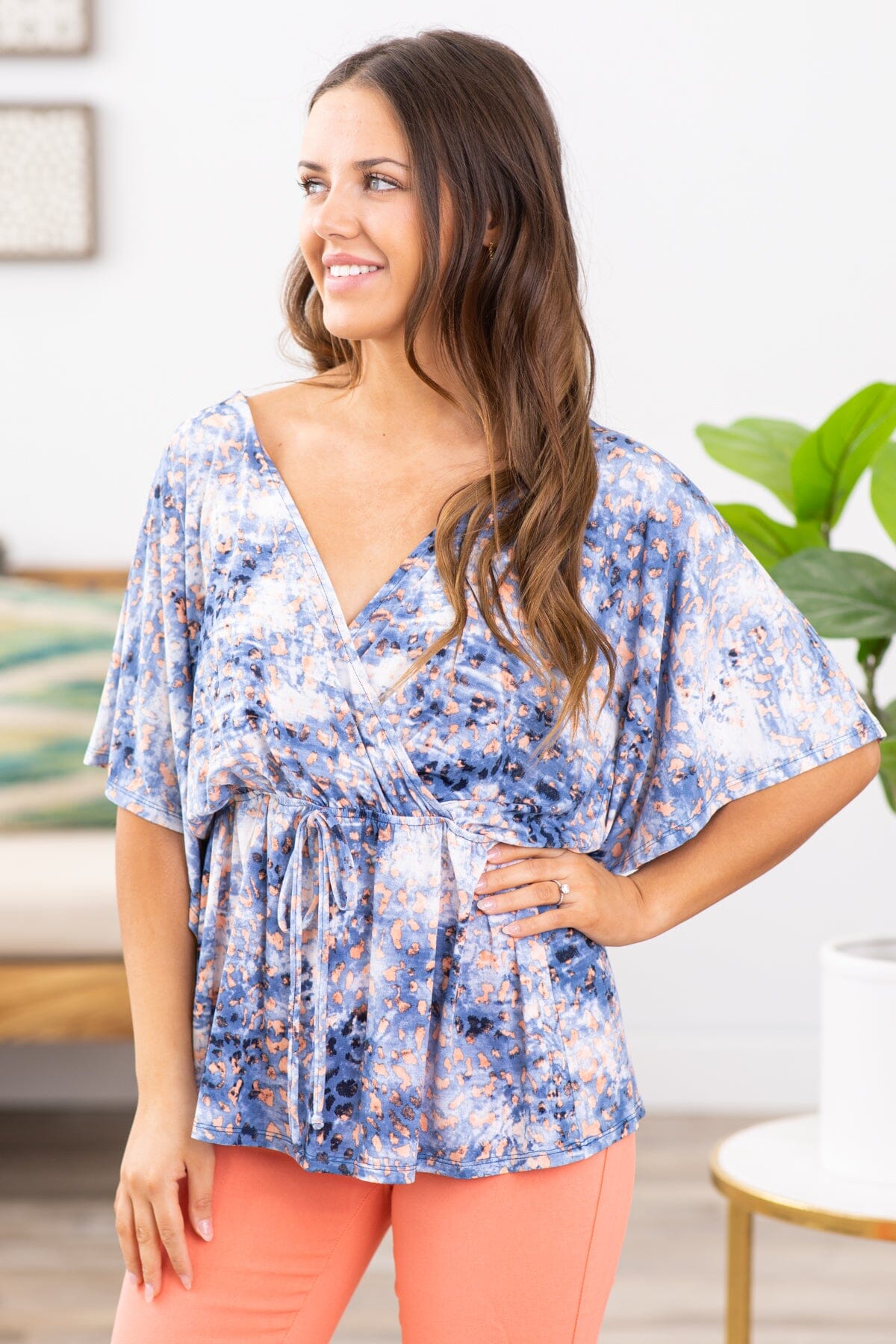 Dusty Blue and Peach Animal Print Peplum Top