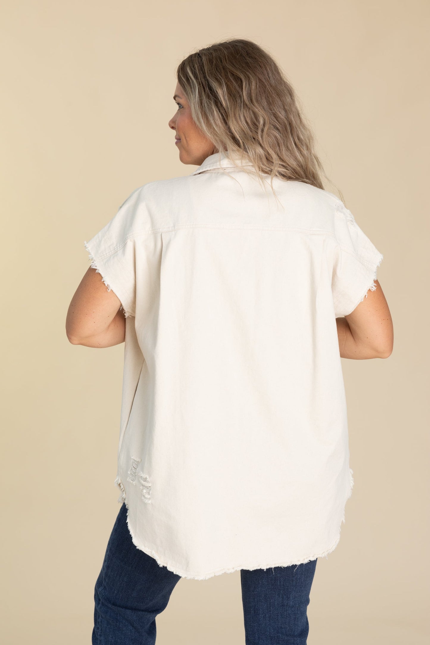 Beige Raw Hem Button Up Woven Top