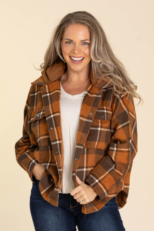Camel And Mocha Plaid Front Pockets Shacket