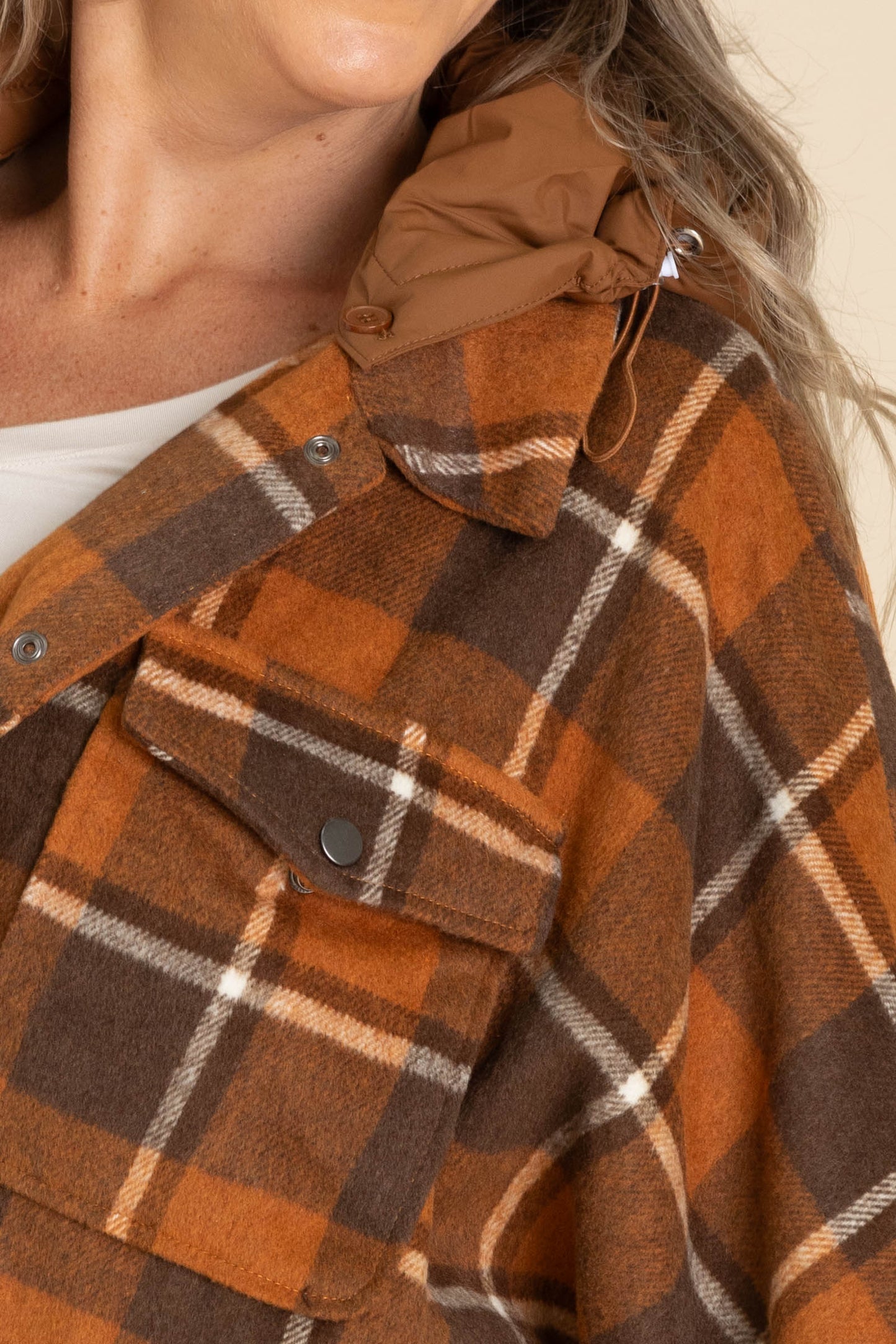 Camel And Mocha Plaid Front Pockets Shacket