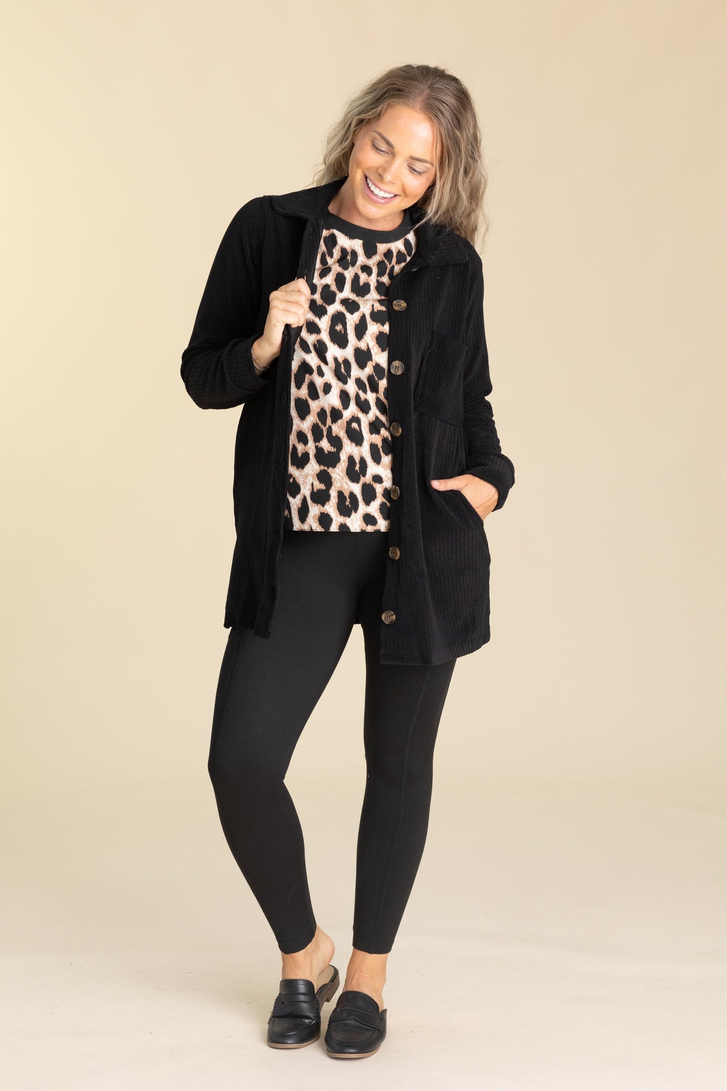 Black Corduroy Ribbed Shacket With Pockets